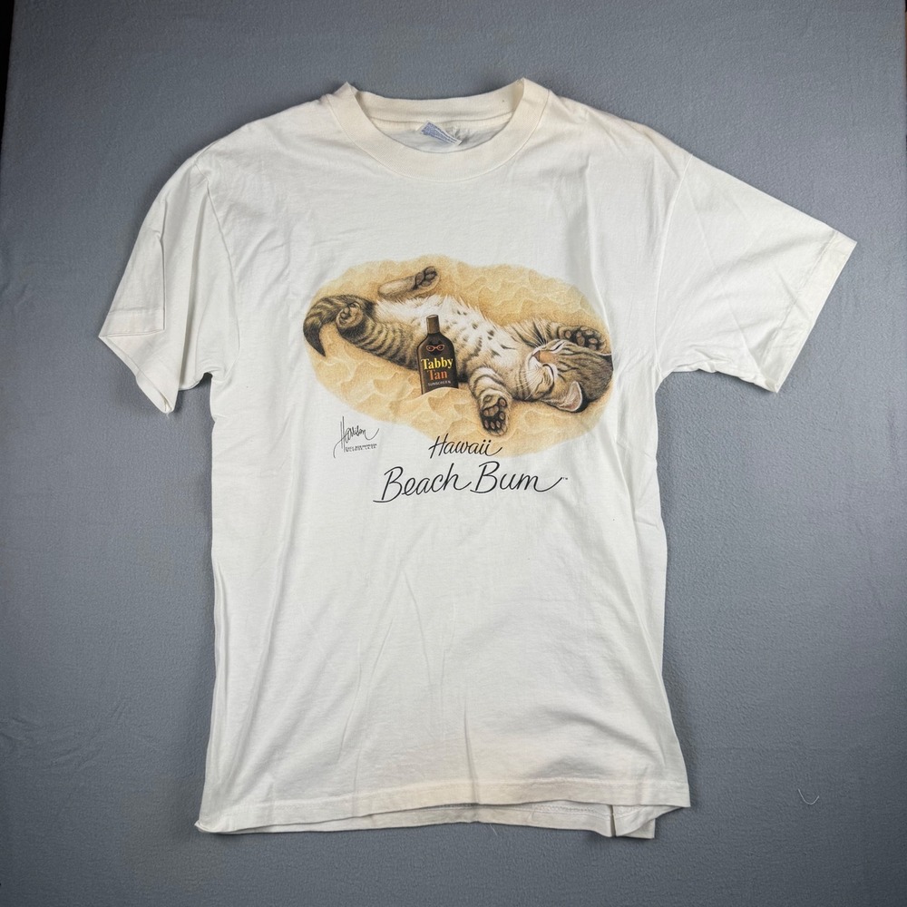 Vintage Hanes Hawaii Beach Bum Tabby Cat T-Shirt White Bob Harrison Size M 90s